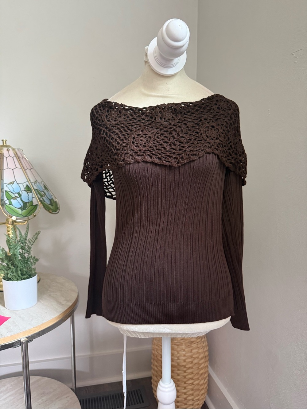 CABO Off-the-Shoulder Brown Ribbed Sweater with Crochet Details
